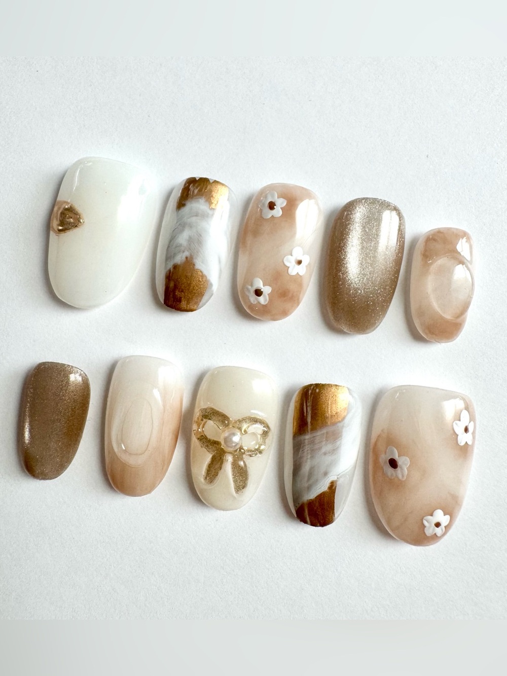 Neutral Marble & Gold Press-On Nail Set with Floral Accents